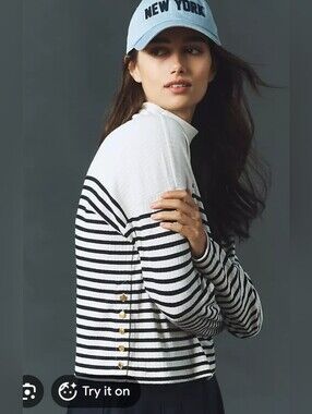 Rag & Bone Off White Black Stripes Knit Ribbed Mock Neck Top M